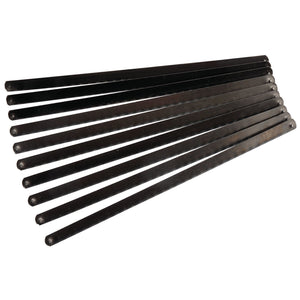 A set of ten Draper 100 X Junior Hacksaw Blades - 312JH/EXP, suitable for use with junior hacksaw frames, arranged in a fan shape.