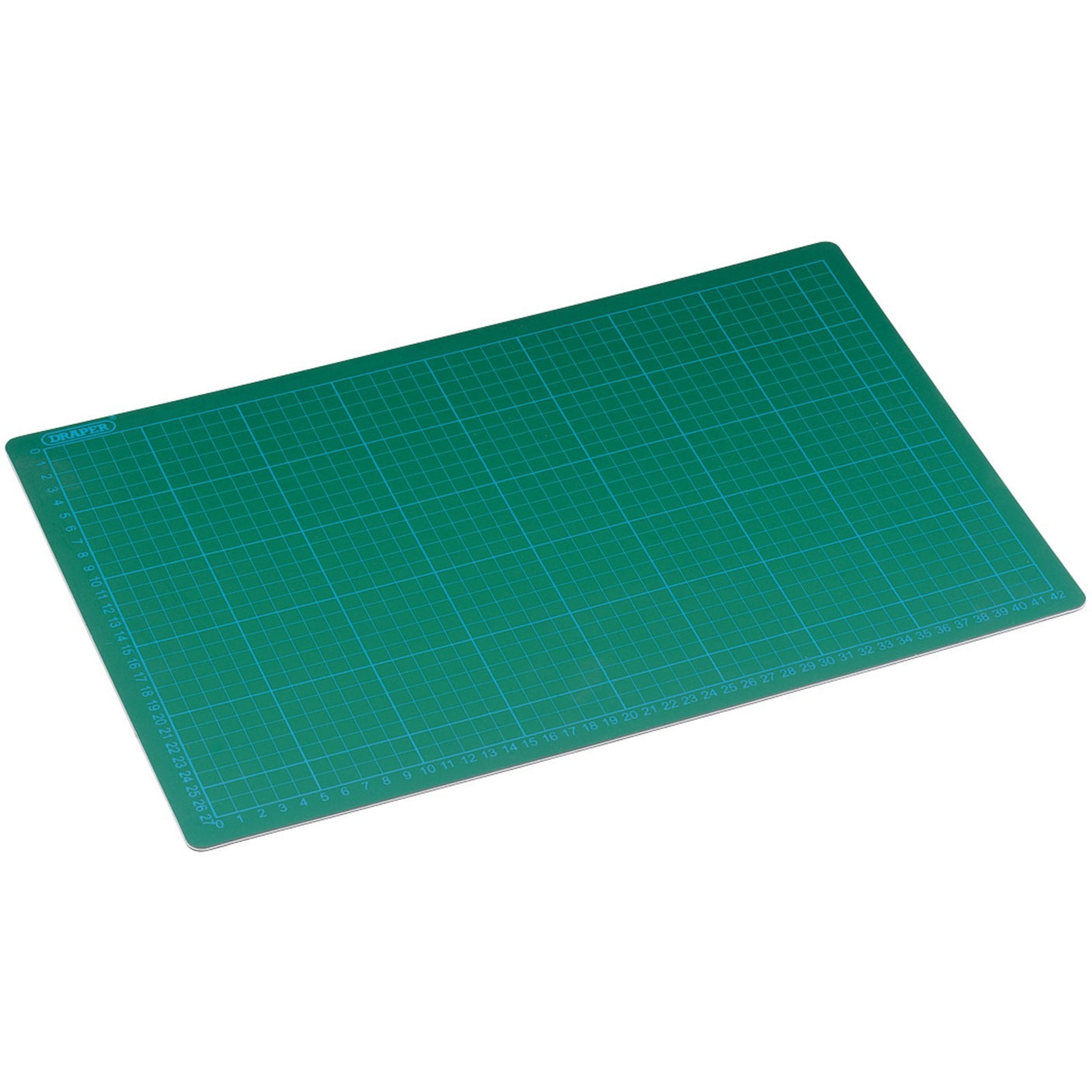 The Draper Cutting Mat, 300 X 450 - CMAT, from Draper, features a green self-healing surface and an alignment grid with precise measurements and angles.