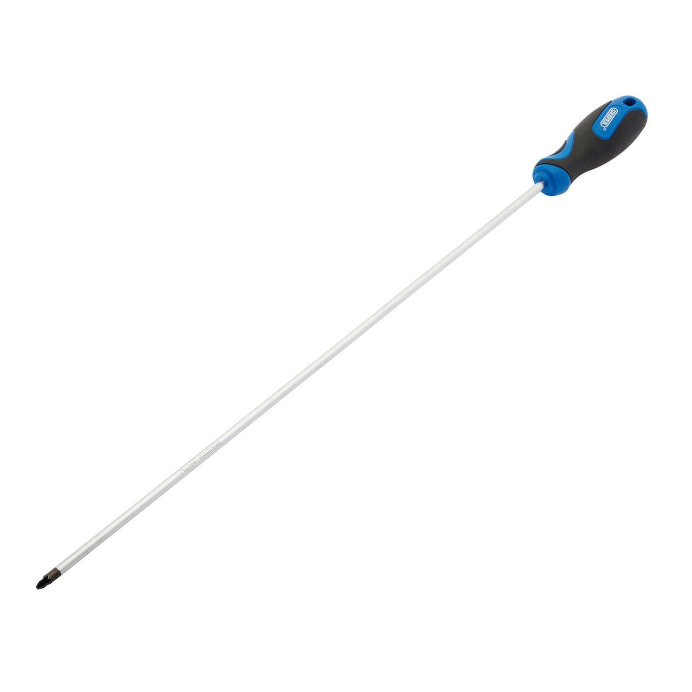 The Draper Extra Long Reach Soft Grip Pz Type Screwdriver, No.2 X 450mm - 865PZ/L, features chrome vanadium steel blades and a blue and black soft grip rubber handle, making it ideal for vehicle radiator hose clips.