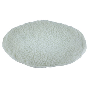 The Draper Lambswool Polishing Bonnet, 240mm - APT84/A, is a round, white, fluffy cleaning pad with a textured surface, conveniently packaged in a polythene bag.