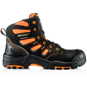 Introducing the *SPECIAL PRICE* Buckler Safety Lace Boot Bviz2 Or by JMCE, a black and orange waterproof work boot featuring a high ankle design, slip-resistant rubber soles, rugged sole, and a visible brand logo.