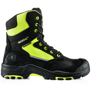 The JMCE *SPECIAL PRICE* - Buckler Safety Lace/Zip Boot Bviz1 Yl, available in UK size 6, is a black and neon yellow waterproof safety boot with high ankle support and Hi-Viz Cordura accents, featuring a durable rubber sole.