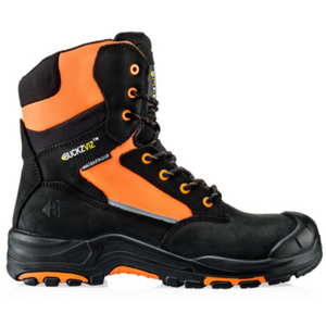 A high-ankle design, black and orange safety boot labeled "SPECIAL PRICE - Buckler - Safety Lace/Zip Boot Bviz1 Or" by JMCE. It features Hi-Viz Cordura material and slip-resistant rubber soles for durability.