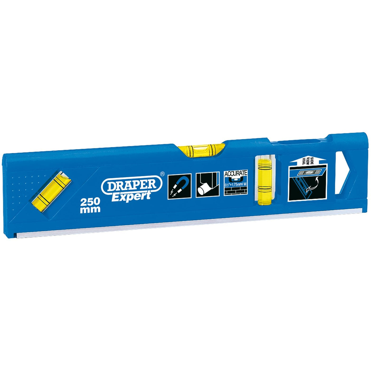 The Draper Expert Torpedo Level With Magnetic Base And Side View Vial, 250mm - DL25 is a blue ABS plastic magnetic level designed for precision tasks such as leveling pipework. It features horizontal, vertical, and 45-degree vials along with instructional icons displayed on the body.