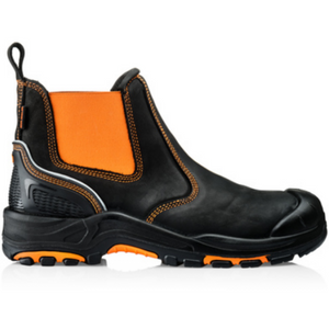 Introducing the *SPECIAL PRICE* - Buckler - Safety Dealer Boot Bviz3 Or by JMCE: a Hi-Viz Cordura black and orange safety work boot, boasting a slip-on design, sturdy sole, reinforced toe, and convenient pull tabs on the back.