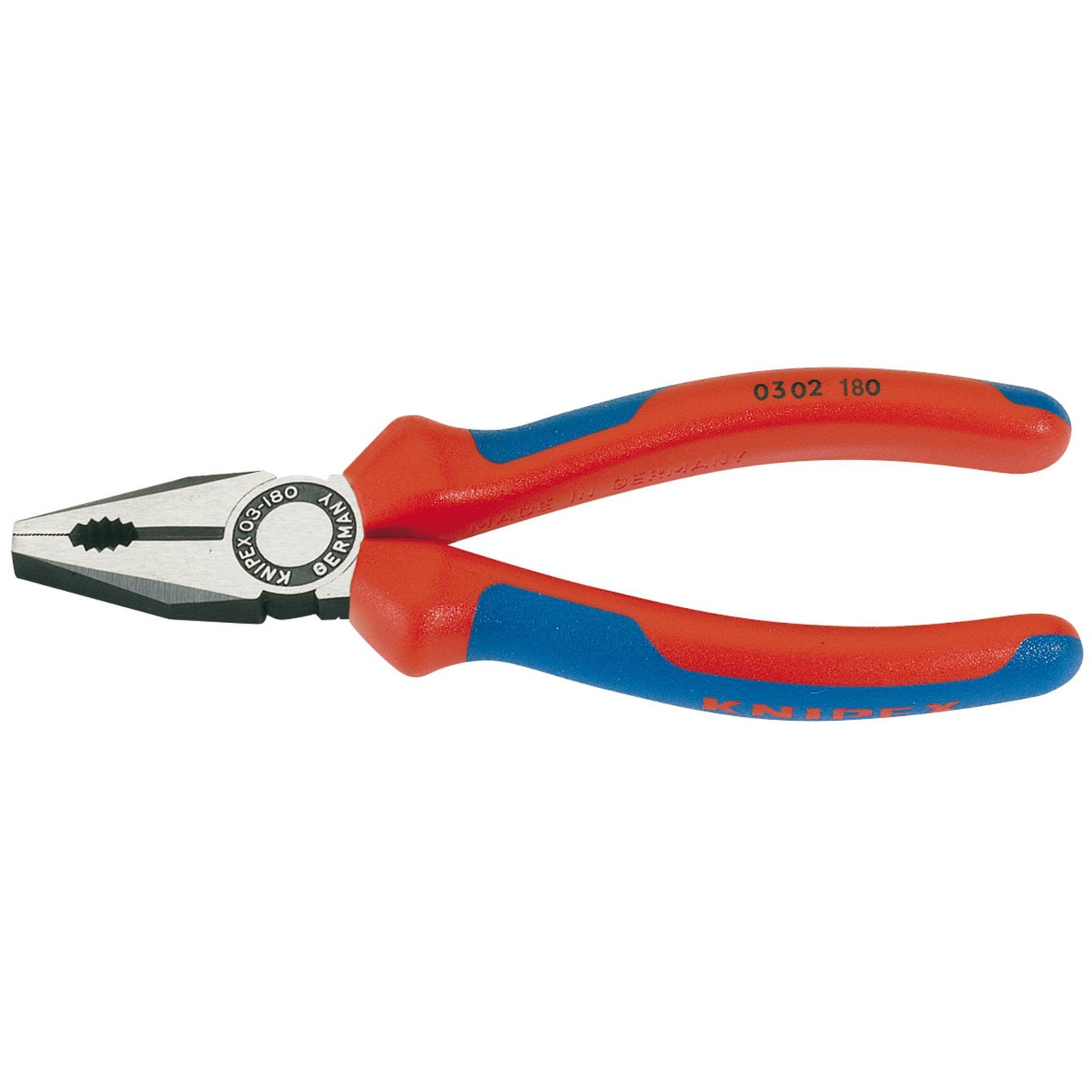 The Draper Knipex 03 02 180 SBE Combination Pliers feature heavy-duty red and blue handles and a steel head with induction-hardened cutting edges and gripping jaws. These professional quality tools are designed for precision work.