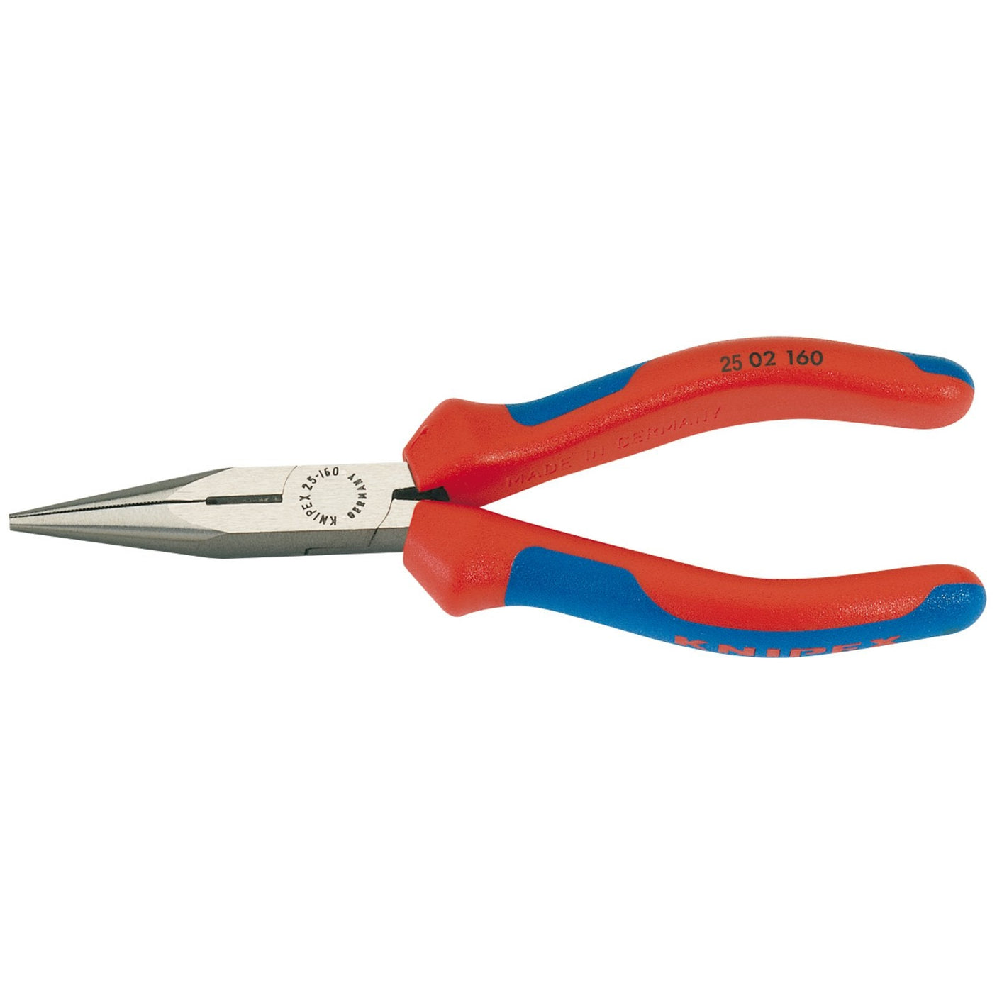 The Draper Knipex 25 02 160 SBE Long Nose Pliers, featuring heavy-duty red and blue handles with a metal tip, are crafted from professional quality tool steel and include hardened cutting edges for precision work. These pliers are photographed against a white background and measure 160mm in length.