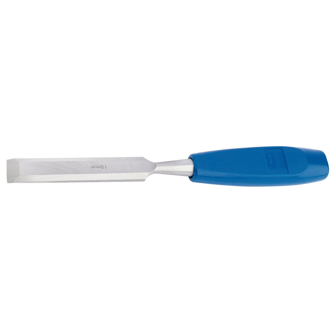 The Draper Bevel Edge Wood Chisel, 19 X 120mm - DWC features a sharp carbon steel blade with a blue plastic handle and optional blade guards.