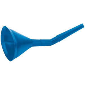 The Draper Funnel With Detachable Offset Neck - FF2, a blue plastic funnel featuring a wide mouth and a narrow, angled spout with a PVC neck, is commonly used for transferring liquids into containers with small openings.