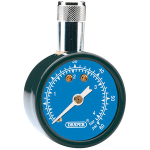 The Draper Tyre Pressure Gauge TPG101, featuring a blue dial indicating a range from 0 to 60 psi (or 0 to 4 bar), is a hand-held device with dual reading capabilities and includes a push-on valve chuck.