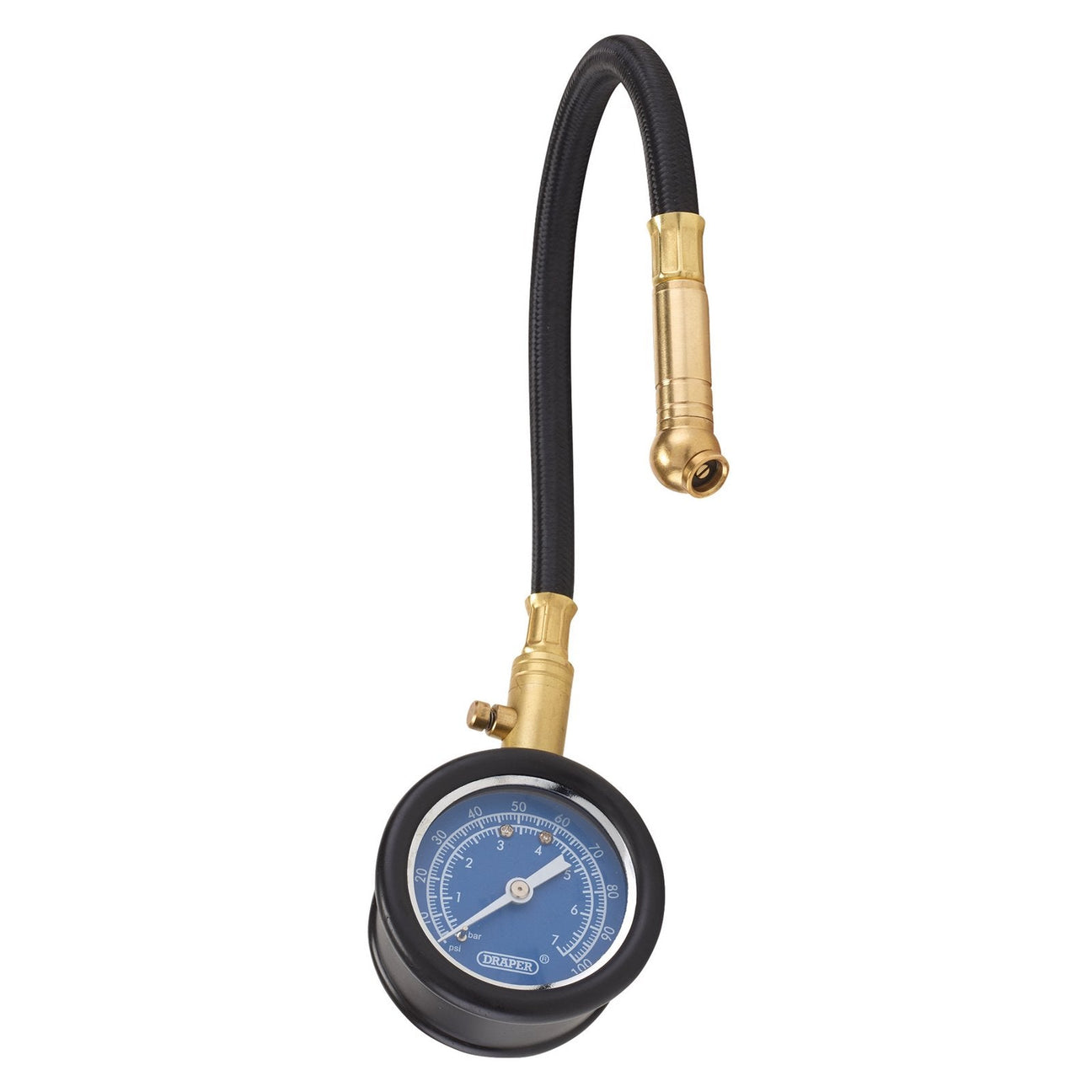 Introducing the Draper Tyre Pressure Gauge With Flexible Hose - TPG100A, a hand-held gauge with a flexible hose and a blue dial displaying accurate pressure measurements.