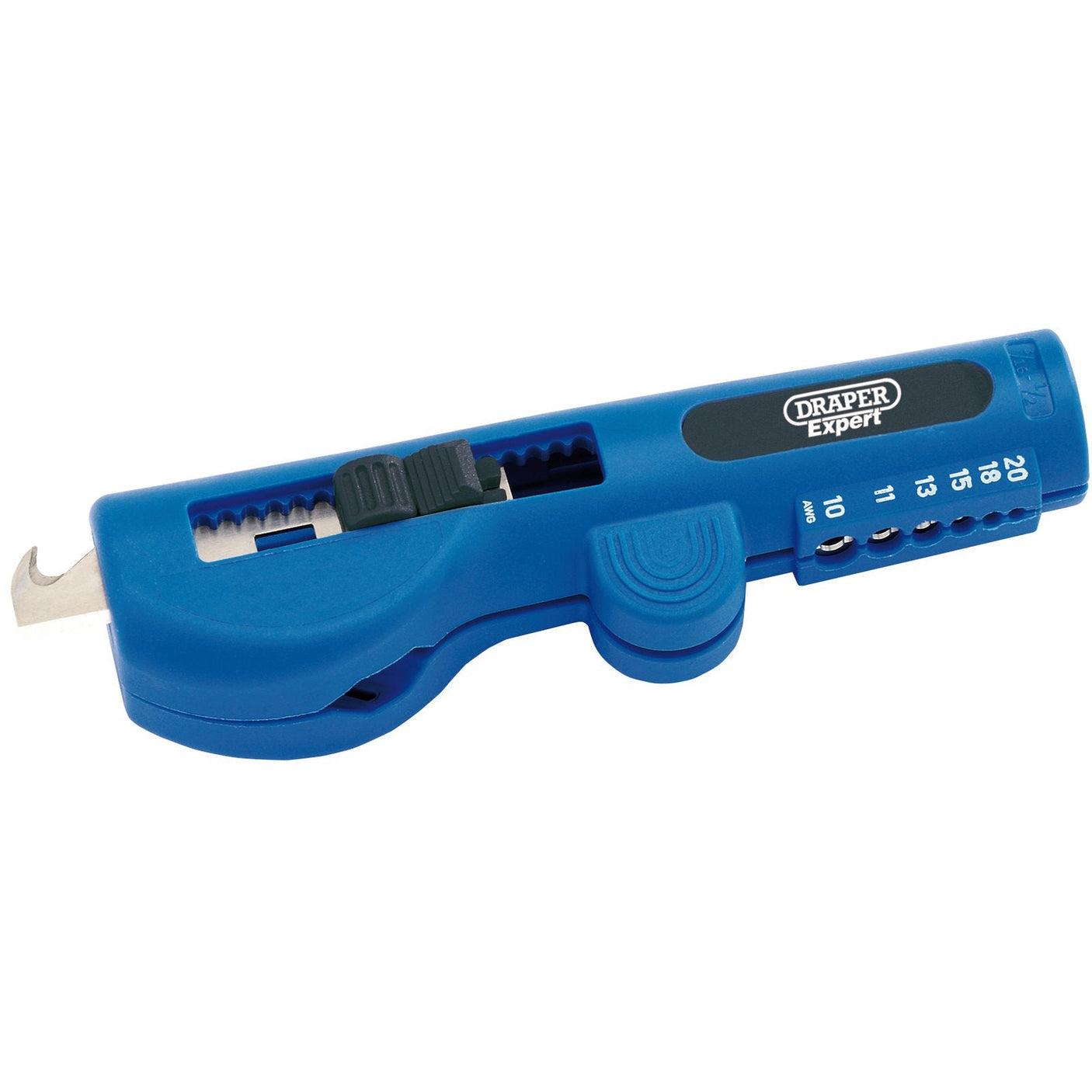 The Draper Multi-Function Cable Stripper - MCS by Draper, available in blue, is equipped with a hook blade, built-in blade, multiple gauge holes, and a hook for effortlessly stripping various wire sizes and round cables.