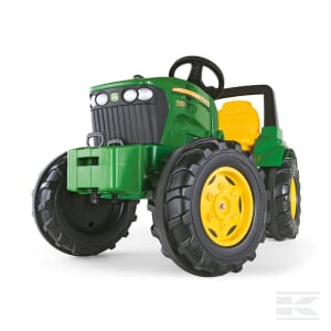 The rollyFarmtrac John Deere 7930 Pedal Tractor by Rolly Toys, suitable for ages 3 and up, is displayed against a white background. This green and yellow toy tractor features black tires and an adjustable seat, ensuring endless fun for kids.