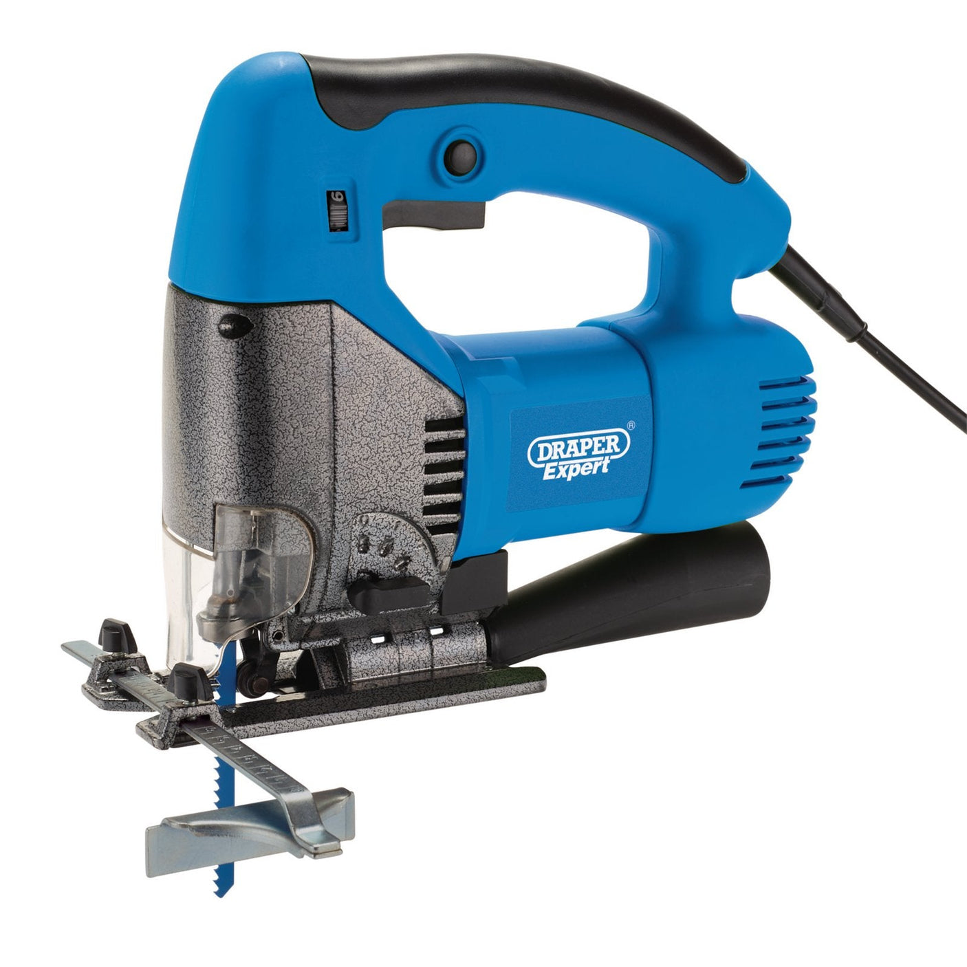 A blue and black Draper Expert 230V Orbital Jigsaw, 600W - JS600E, featuring variable speed options, a cord, and an adjustable blade guard.