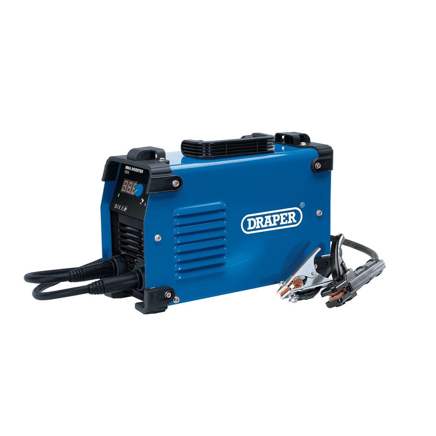 Draper's MMA Inverter Welder, 180A - INV180A, features a digital display along with attached cables and clamps.