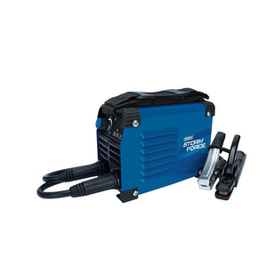 A Draper Storm Force® mma Inverter Welder, 140A - INV140A/SF, featuring a blue design with attached cables and clamps on a white background offers a portable solution that's perfect for any jobsite.