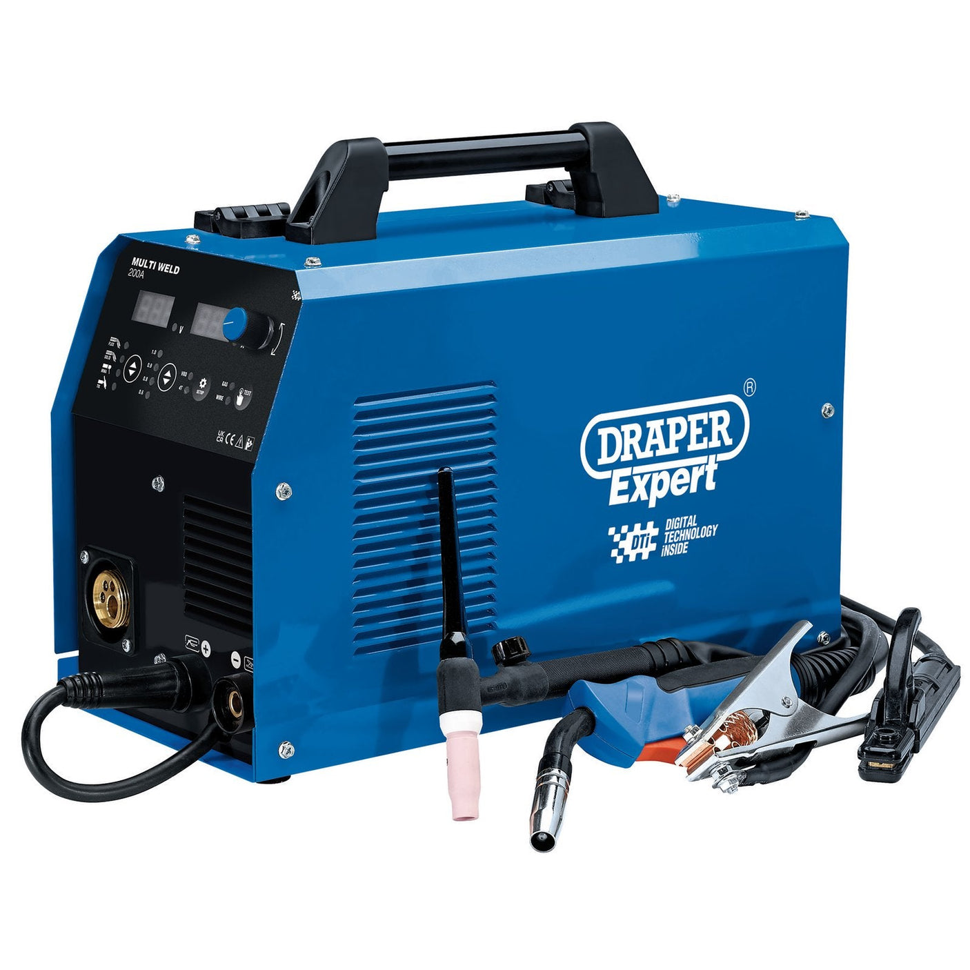 The Draper Expert 3-In-1 Multi-Process Welder Dti, 200A - MW200A comes with attached cables and tools, featuring a handle on top for portability and control knobs on the side. It also incorporates advanced IGBT inverter technology for efficient performance.