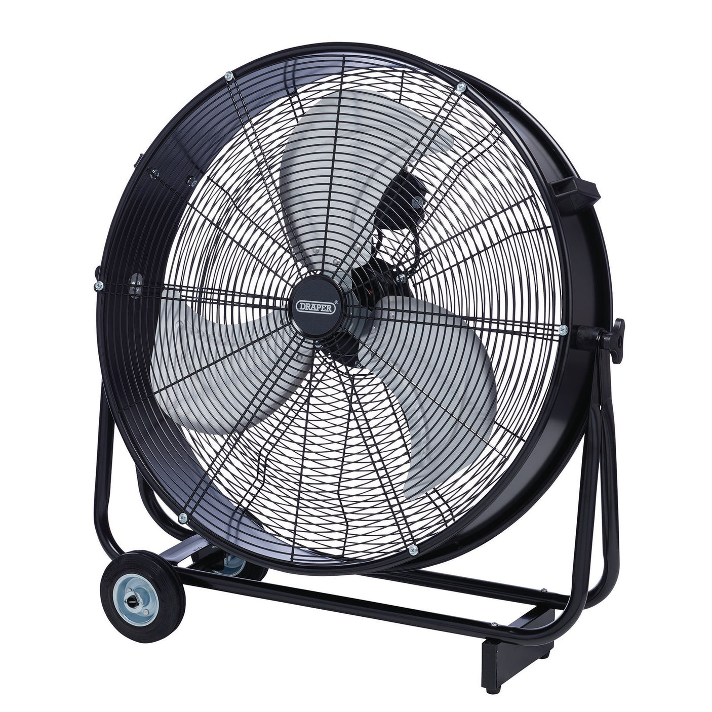 The Draper 230V Drum Fan, 24"/610mm, 120W - HV24A is a high-velocity black industrial fan with three blades. It is mounted on a stand with wheels and features heavy-duty all-metal construction.