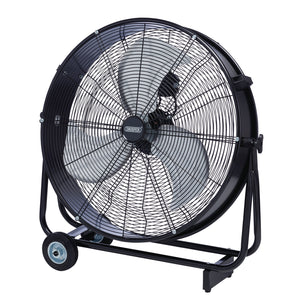 The Draper 230V Drum Fan, 24"/610mm, 120W - HV24A is a high-velocity black industrial fan with three blades. It is mounted on a stand with wheels and features heavy-duty all-metal construction.