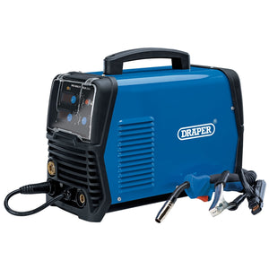 Introducing the Draper Gas/Gasless Mig Inverter Multi-Welder, 200A - MI200A, a blue welding machine equipped with a digital display, top-mounted handle, front-facing control knobs, and an integrated display. The product includes attached cables and a welding torch. This multi-process welder utilizes advanced IGBT inverter technology for efficient and versatile performance.