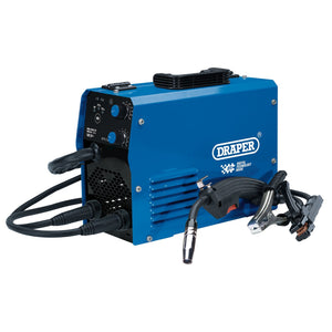 A blue Draper Gasless Mig Inverter Multi-Welder Dti, 120A - MW120A, equipped with attached cables and components, featuring control dials on the side and utilizing MIG flux cored technology.