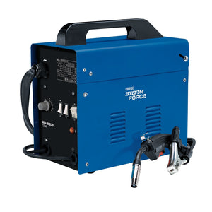 Image of a blue electric welding machine labeled "Draper Storm Force® Gasless Mig Welder, 120A - MW120A/SF" featuring adjustable power settings, various controls, cables, and a welding torch attached. This gasless MIG welder operates efficiently with flux-cored wire for versatile welding applications.