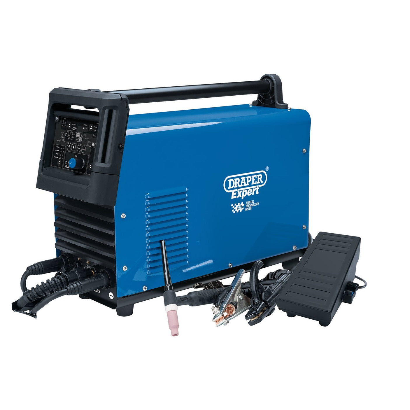 The Draper High Frequency AC/DC TIG/MMA Aluminium Welder DTI, 200A - TW250A by Draper features an AC/DC TIG function and IGBT inverter technology. It comes complete with a control panel, handle, various cables, electrode, and foot pedal.