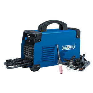 A portable and compact Draper Tig/mma Welder, 145A - TW145A in blue, featuring a convenient control knob and top handle, with attached cables and accessories beside it. This advanced machine integrates IGBT inverter technology for superior performance.