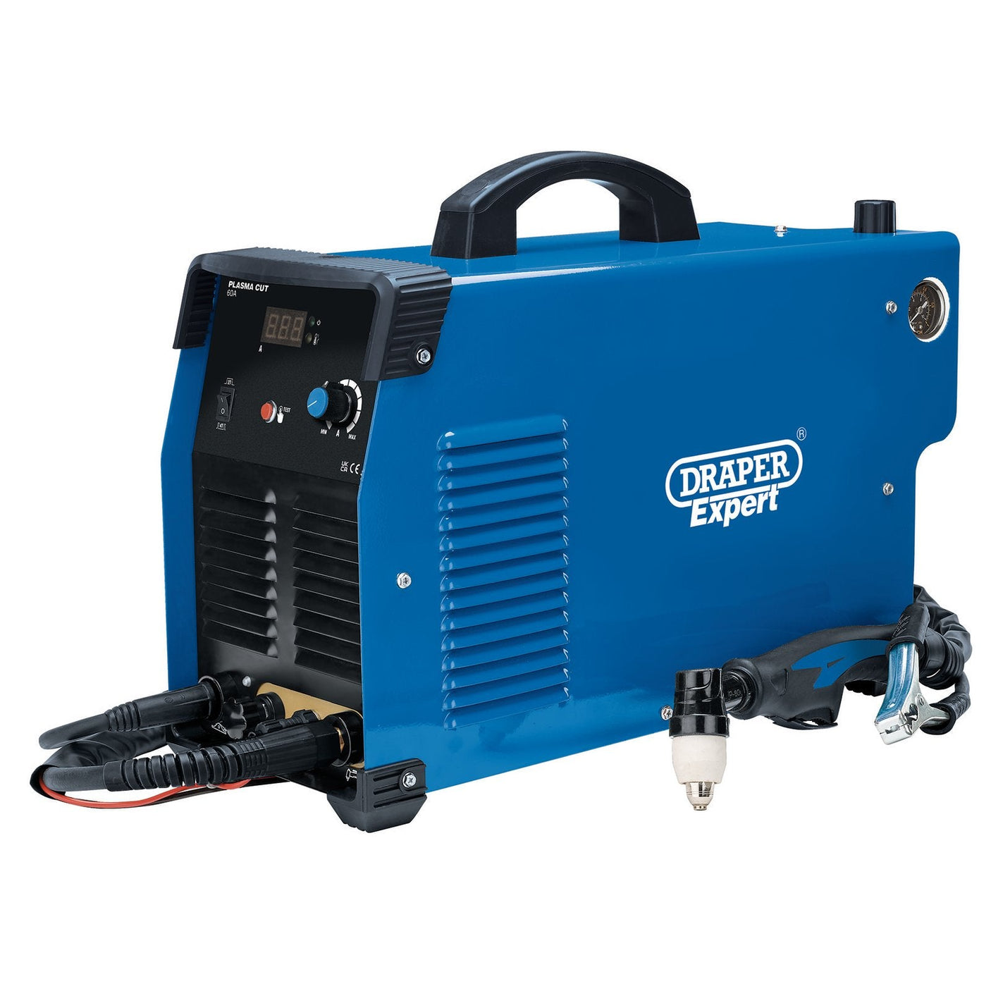 A blue Draper High Frequency Plasma Cutter, 60A - IPC60, with a handle on top, several cables attached, and a control panel featuring a digital display, utilizing advanced IGBT technology for efficient cutting.