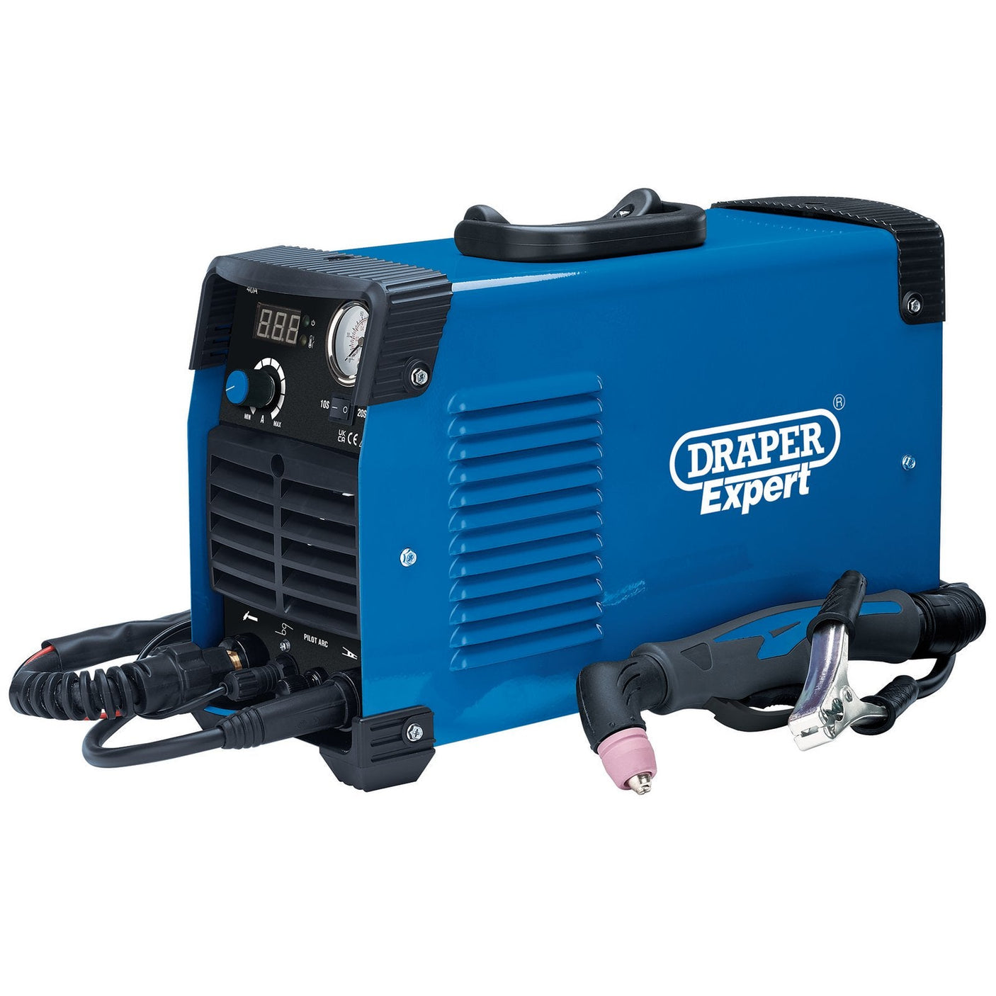 A blue Draper Expert High Frequency Plasma Cutter, 40A - IPC40, featuring a display screen, dials, and an attached welding torch with IGBT technology. The machine showcases Draper branding on the side and various connectors at the front, ensuring high performance for a range of welding tasks.