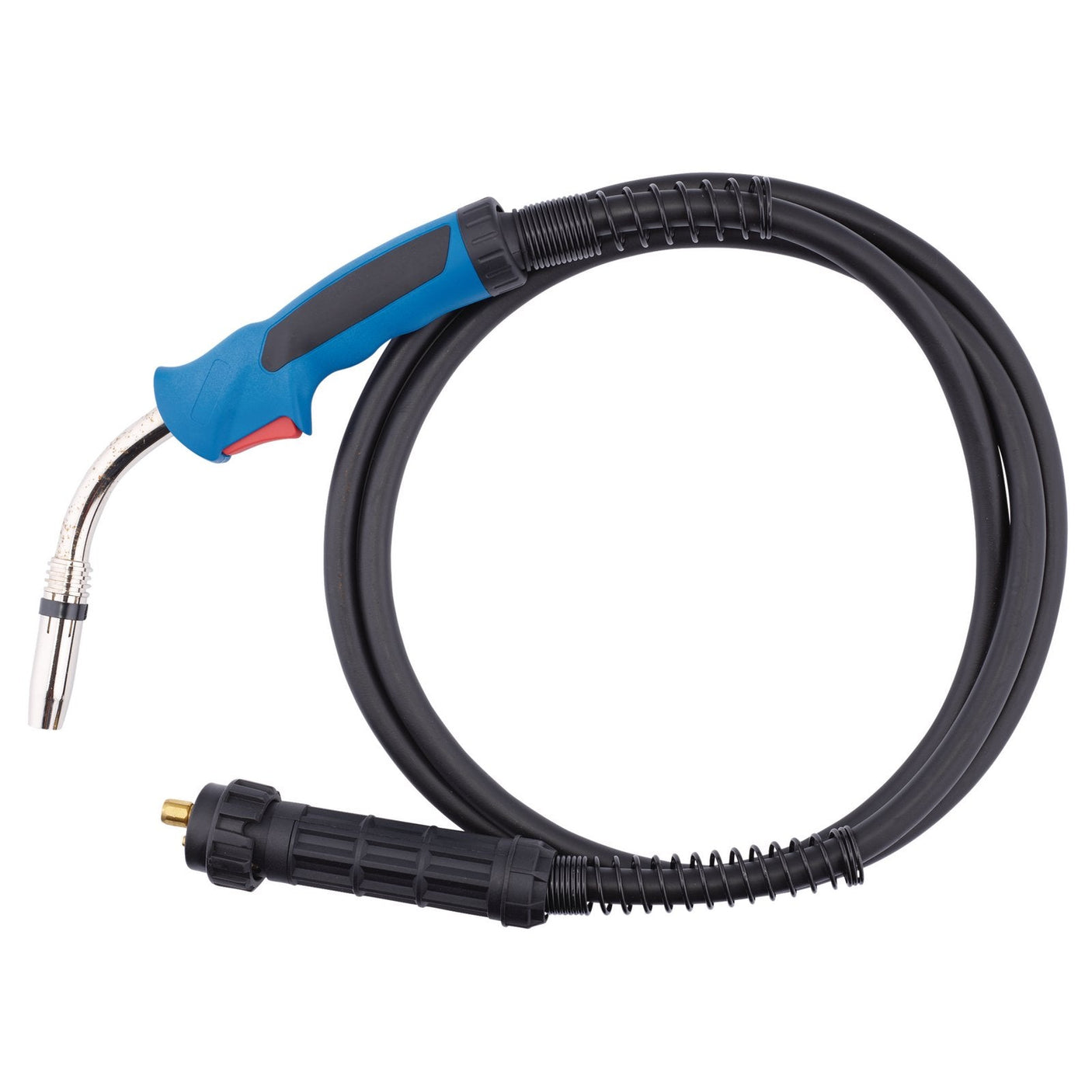 The Draper MIG Welding Torch, 250A - WTRCHEURO-250, features a black hose and a blue and red handle, designed for use with Euro fitting cables.