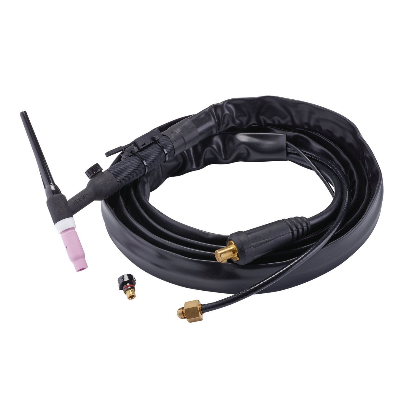 The Draper Air Cooled Tig Welding Torch, 4M, Dinse Type 35/50 - WTRCHTIG/35-50 is showcased in black, accompanied by attached cables and connectors. In addition to the torch itself, two small components including collet bodies are also displayed on a white background.