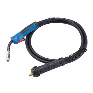 Image of the Draper Mig Welding Torch, 3M - WTRCHEURO with a blue and black handle, featuring a coiled black hose and a durable Euro connector for optimal performance.