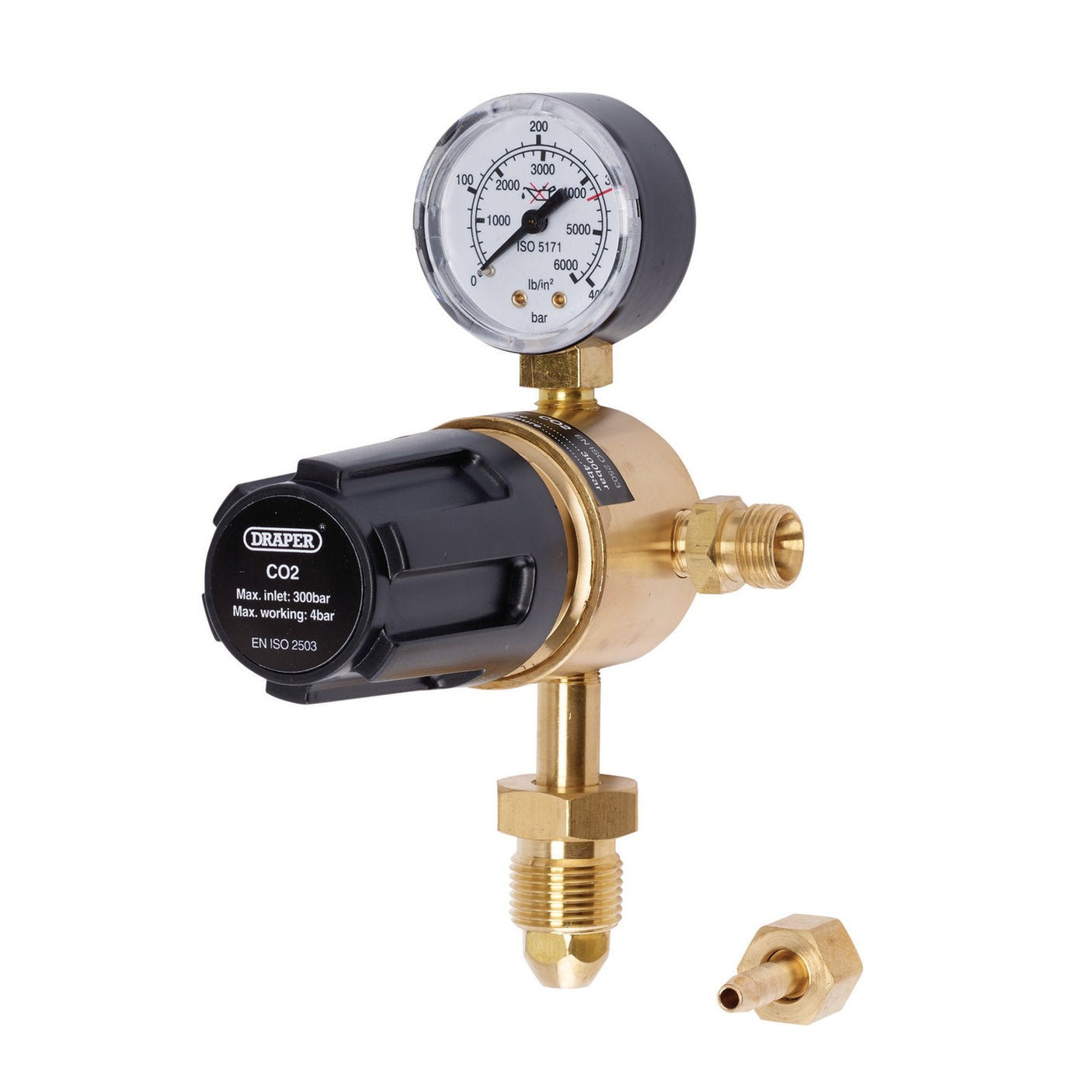 The Draper Industrial Gas Bottle Regulator With Single Gauge, model WREGICO2-1G, is a 300 bar brass regulator equipped with a pressure gauge displaying up to 250 bar. It features a black knob and an attached connector designed for Argon/CO2. An additional fitting part is included with this industrial gas bottle accessory.