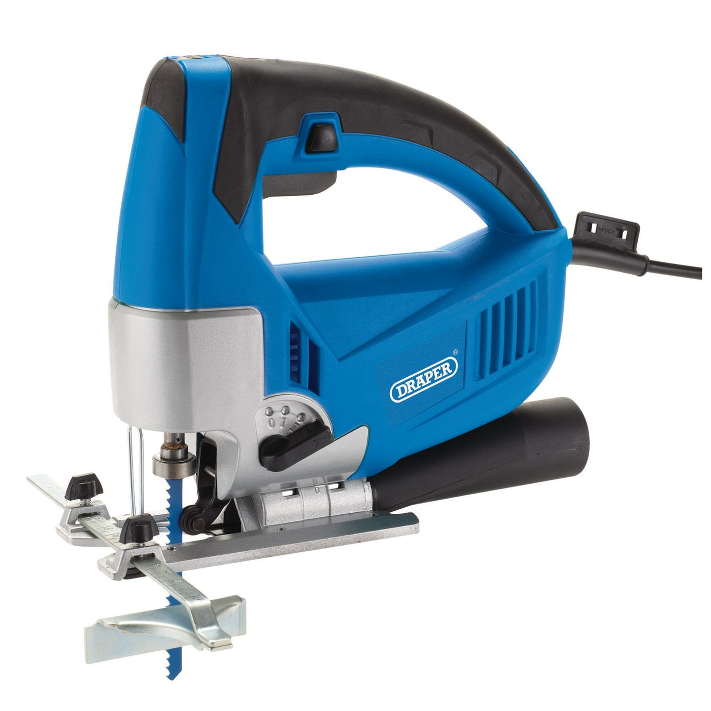 A blue and black electric jigsaw with a visible blade and power cord, branded as the "Draper 230V Orbital Jigsaw, 750W - JS750D.