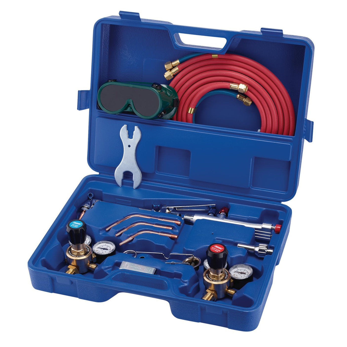 The **Draper Oxyacetylene Welding And Cutting Set (12 Piece) - WOXSET** is a comprehensive blue plastic case by Draper, containing assorted tools and accessories, including gas regulators, hoses, gauges, a wrench, and safety goggles. All items are neatly organized in compartments for efficient Oxyacetylene welding.