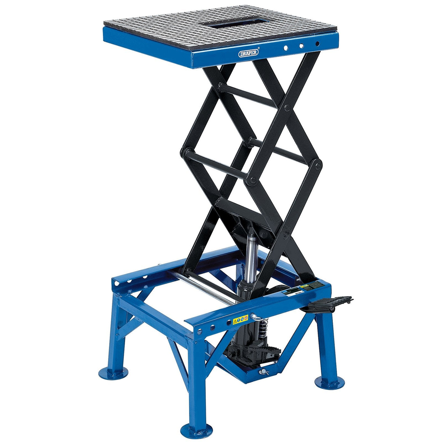 The Draper Hydraulic Motorcycle Scissor Lift, 135Kg - MCPL3B by Draper is a blue and black hydraulic scissor lift equipped with a foot pedal. This lift features a grated top platform and is specially designed for lifting small to medium-sized items. Currently, there is no product description available; please inquire for more details.