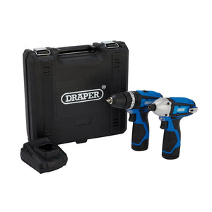 Draper's TP12VDLI set includes a black tool case with the "Draper" logo, containing a blue and black 12V Combi Drill and Impact Driver, along with two 1.5Ah batteries and a fast charger.