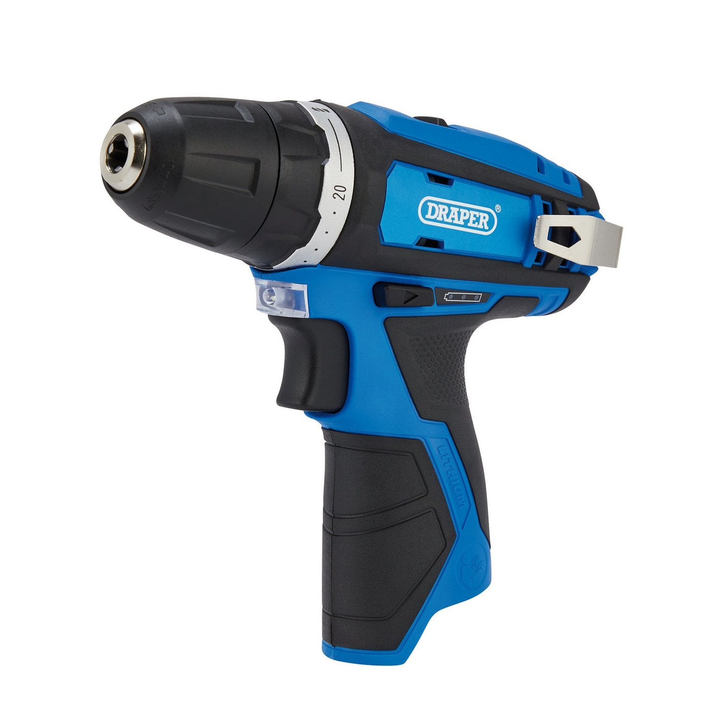 A Draper 12V Drill Driver (Sold Bare) - CD12VD from the Draper Storm Force® series, featuring a blue and black design with "Draper" prominently displayed on the side. This drill driver comes with a plastic handle, metallic drill bit holder, and an interchangeable battery system for added convenience.