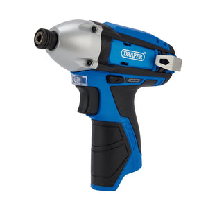 A Draper 12V Impact Driver, 1/4" Hex. (Sold Bare) - ID12VD in blue and black, with a metallic head and ergonomic handle, featuring a belt clip attachment on the side and an interchangeable battery system.