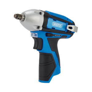 A blue and black Draper 12V Impact Wrench, model CIW12VD, featuring a metallic head, ergonomic handle, and an interchangeable battery system.