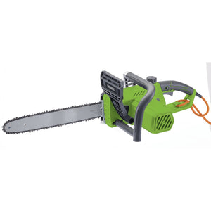 The Draper 230V Chainsaw, 350mm, 1800W - GCS1800D by Draper is a green electric chainsaw with a long metal blade and a black handle. It is equipped with an orange power cord, features automatic chain lubrication, and includes a safety switch.