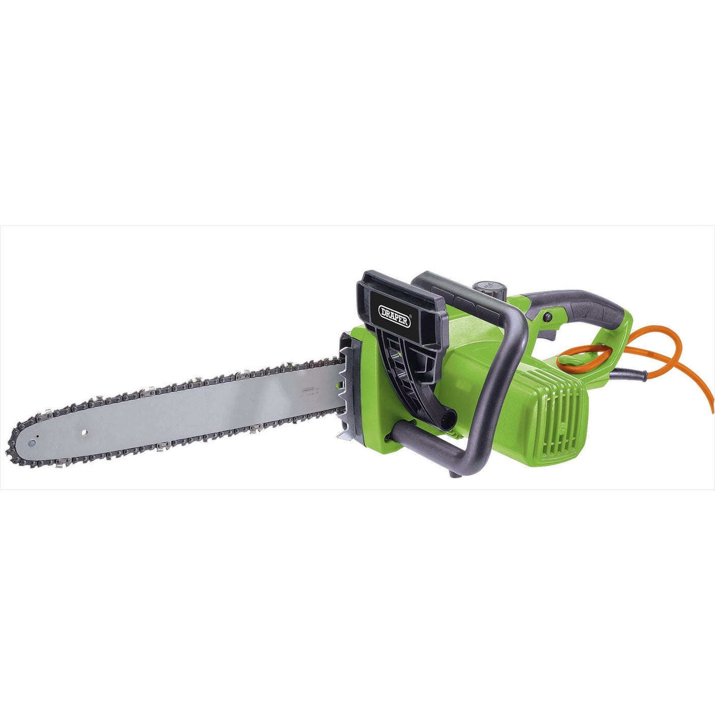 Draper's 230V Chainsaw, model GCS2200D, boasts a 400mm Oregon Bar blade and features an orange power cord. This green and black electric chainsaw is also equipped with automatic chain lubrication for seamless operation.