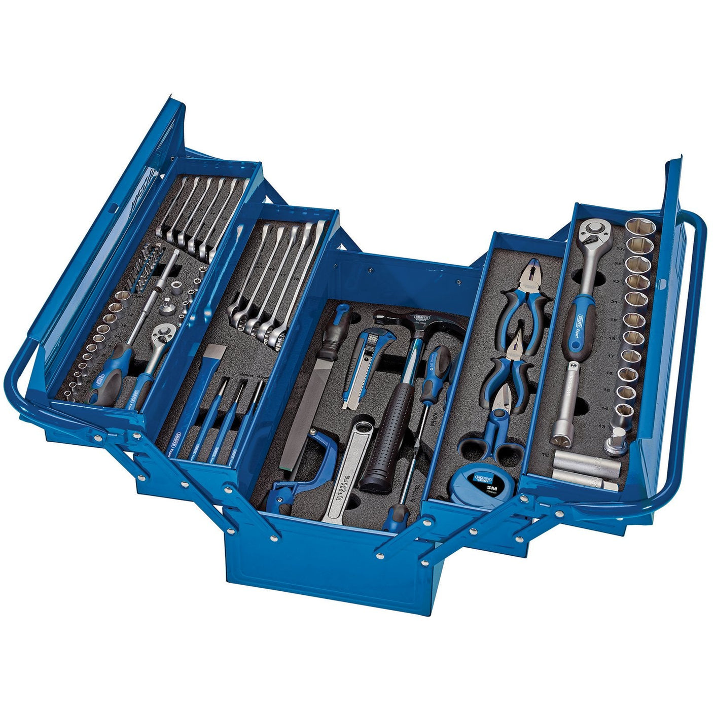 An open blue metal cantilever toolbox from Draper, displaying the 90-piece Draper Expert Tool Kit (TK90), which includes a variety of hand tools such as wrenches, pliers, screwdrivers, and premium quality HI-TORQ® sockets, all organized neatly in compartments.