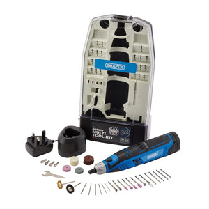 Draper's 12V Rotary Multi-Tool Kit, model CMG12VD, is prominently displayed with numerous attachments and accessories such as grinding stones, drill bits, and a power adapter. The Draper brand name is clearly visible on both the tool and its packaging, emphasizing its comprehensive 50-piece accessory kit designed for a variety of tasks.