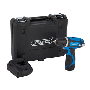 The Draper 12V Drill Driver, model DD12VD, featuring a maximum torque of 30Nm and an interchangeable multi-tool battery system for versatile functionality, comes in blue and black and includes one 1.5Ah battery and a fast charger. All items are presented in front of a black carrying case with "DRAPER" branding.