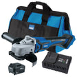 A blue and black cordless angle grinder set, the Draper D20 Grinder 4.0 Kit - PTKD20G4KIT, featuring a D20 Brushless Grinder with a 4.0AH battery, fast battery charger, and a blue and black carrying bag.