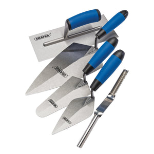 Introducing the Draper Soft Grip Trowel Set (5 Piece) - TKSG/5, a premium collection of five essential tools for masonry work. Each trowel features durable carbon steel blades and comfortable soft grip handles in blue and black, designed to handle various sizes and shapes with ease. Perfect for any project, this set showcases the quality craftsmanship of the Draper brand.