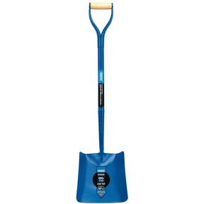 The Draper Expert All Steel Contractors Square Mouth No.2 Shovel - ASS-SM/R is a heavy-duty tool with a blue, rectangular blade and a D-shaped handle, featuring an all-steel tubular shaft and a label with text at the base of the handle.