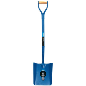 The Draper Expert All Steel Contractors Taper Mouth No.2 Shovel - ASS-TM/R by Draper is a blue square shovel with a wooden D-handle and a flat blade, featuring a durable powder-coated finish.